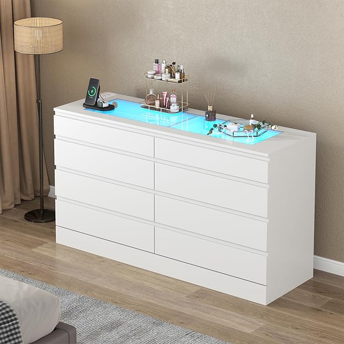 8 Drawer Dresser with Power Outlet, Modern Chest of Drawers with LED Light & Glass Top, Wood Double Dresser TV Stand with Organizer Storage for Bedroom, Living Room, Closet (White)
