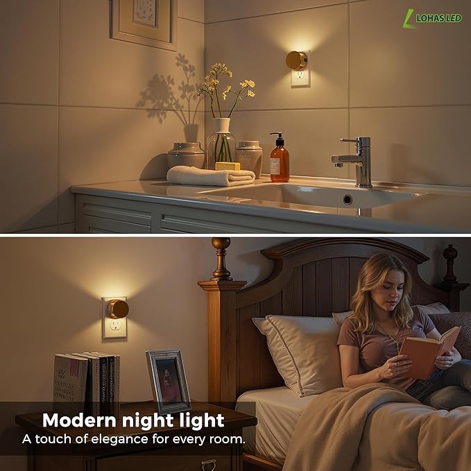 L LOHAS LED Night Lights Plug into Wall, Plug in Night Light with Dusk to Dawn Sensor,Brightness Adjustable,3000K Warm White,Dimmable Gold Nightlight for Adults Hallway Bathroom