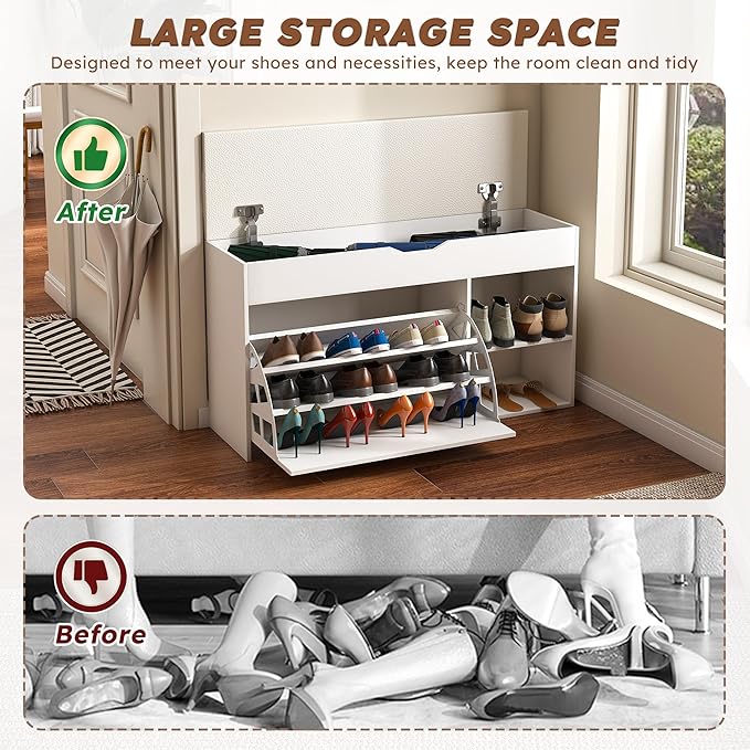Entryway Bench with Shoe Storage,Adjustable 3-Tier Flip-Up Drawers & Hidden Cabinet,Space-Saving Shoe Organizer,Triple Storage and Modern Design for Hallway and Living Room