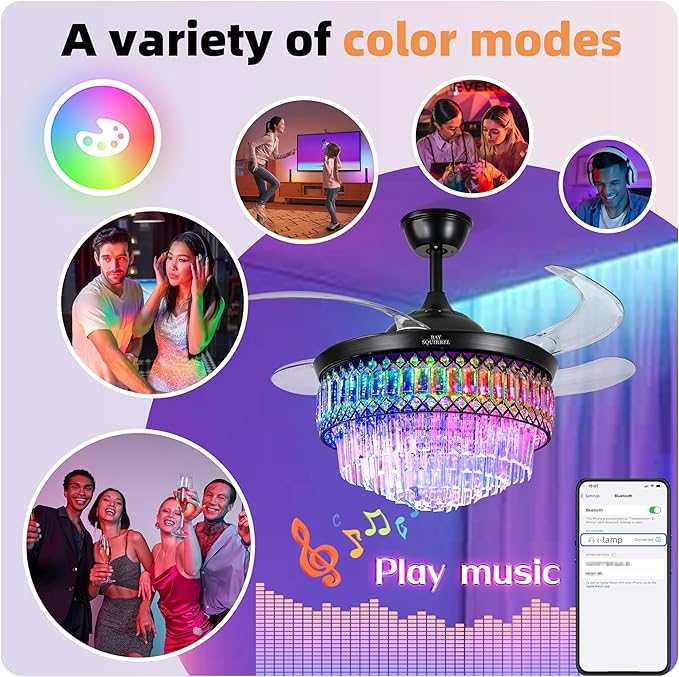 BAYSQUIRREL Retractable Crystal Ceiling Fan with Lights, Bluetooth Ceiling Fan with Speaker, 6-Speed Reversible Blades, RGB-LED Light, Low Profile Modern Fandelier Fan for Bedroom Living Room 42"