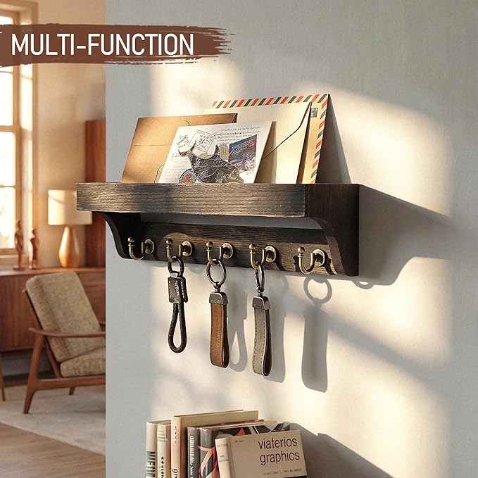 Rebee Vision Key Holder Wall Mount with Shelf – Rustic Key Holder for Wall with 5 Hooks for Keys & Leashes – Stylish Entryway Organizer for Home & Apartment (Distressed Black)
