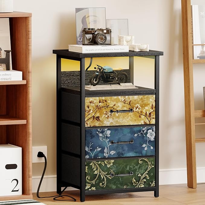 Fixwal Night Stand with Charging Station, LED Nightstand with U-S-B Ports and Outlets, 3 Fabric Storage Drawers with PU Finish, Bedside Table, Vintage Flower