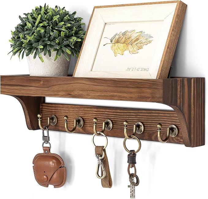 Rebee Vision Pine Wood Key Holder Wall Mount - Multifunctional Key Holder for Wall with Hooks and Shelf for Mail, and Hats - Perfect for Home and Office Organization (Vintage Brown)