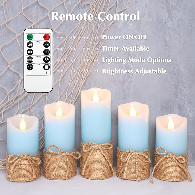 Crystal Club Blue Flameless Candles, Set of 5 Battery Operated LED Pillar Candles with Timer, Real Wax Candle Set with Remote for Home Bedroom Décor