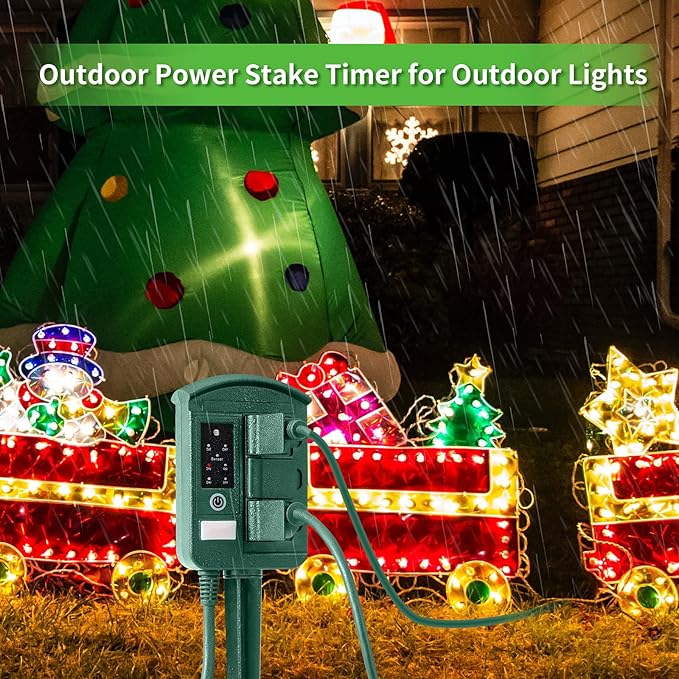 Outdoor Power Stake Timer for Christmas Light Decorations Waterproof, Dusk to Dawn, Outdoor Power Strip with 6 Outlets, 1875W/15A, 100FT Wireless Remote Control, 25FT Extension Cord, Heavy Duty