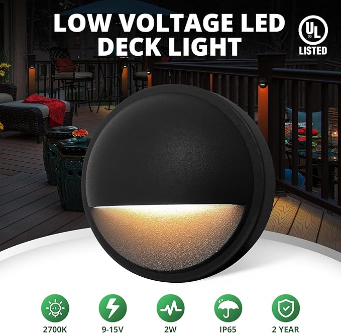 GKOLED Low Voltage LED Deck Lights, Landscape Step Stair Railing Light with 2W Integrated LED Chips, Die-cast Aluminum 12V AC/DC Accent Lighting Fixtures with Black Powder Coated Finish (4-Pack)