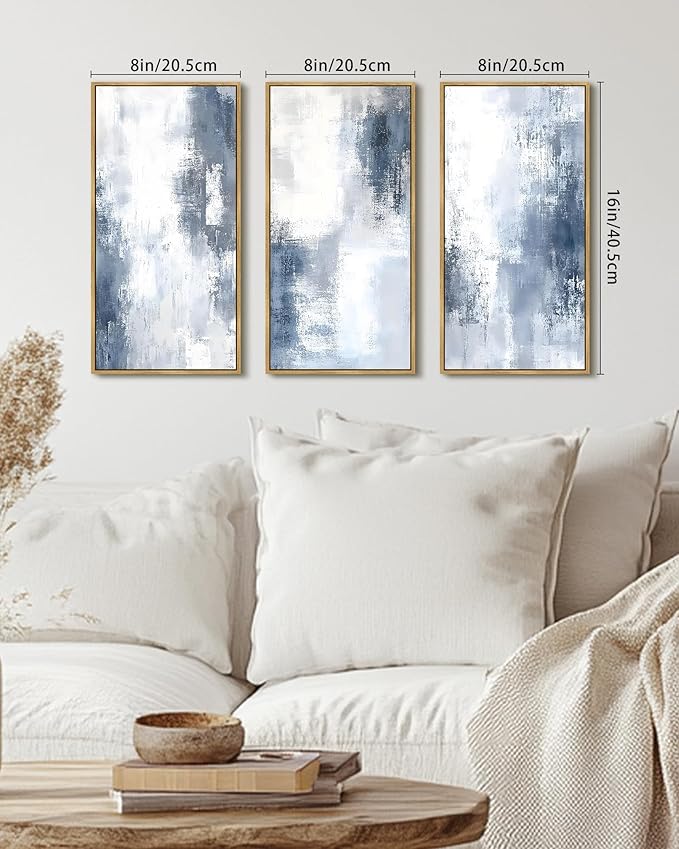 KUVIOKE Abstract Wall Art Blue Gray White Minimalist Painting Modern Decor Bedroom Living Room Ready to Hang 8x16in3pcs Natural Framed