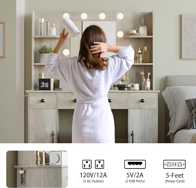 Makeup Vanity Desk with Mirror and Lights, 43" Grey Vanity Set with 3 Drawers, Power Outlet & Adjustable RGB LED Lights, Dressing Table with Storage Shelf for Women & Girls Bedroom