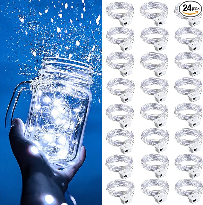 ZGWJ Fairy Lights Battery Operated, 24 Pack White Twinkle String Lights 20 LED 7FT Mason Jar Lighting Waterproof for Bedroom, Halloween, Christmas, Party Indoor and Outdoor Decoration