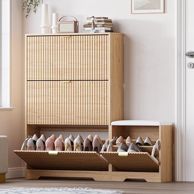 Slim Shoe Cabinet with Bench for Entryway, Hidden Storage and Adjustable Shelves, Free Standing Wooden Shoes Organizer for Hallway, Foyer