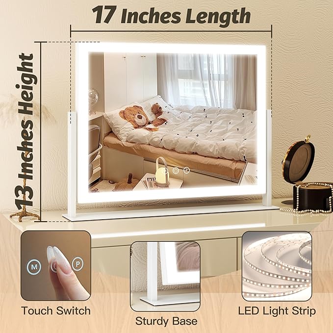 HNV 16.3" Lighted Makeup Mirror with Sleek LED Strip, 360° Rotation Vanity Mirror with Lights, 3 Color Dimmable, 10X Magnification, Smart Touch Control (White)