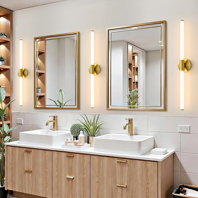 Dimmable LED Bathroom Vanity Lights 360° Full Lighting Bathroom Light Fixtures Over Mirror Vanity Light Bar Modern Wall Sconce Warm White for Bedroom Living Room Hardwired Gold, 30 inch