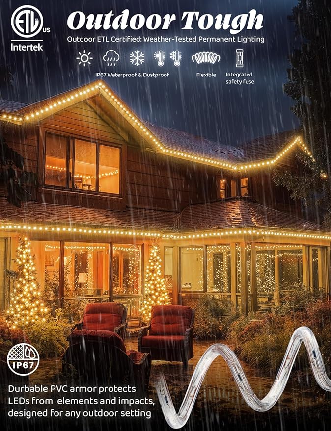WYZworks 3312LEDs, 300ft LED Outside Rope Lights, Waterproof Permanent Outdoor ETL Certified Connectable Clear Tube, Christmas Palm Tree Holiday Decorative Landscape Patio Accent Lighting - Warm White