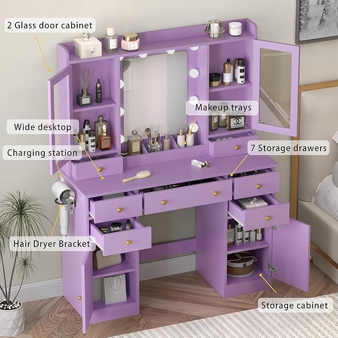 Vanity Desk with Mirror and Lights, 43" Purple Makeup Vanity Set with 5 Drawers & Glass Cabinets, Makeup Tray, Power Outlet & Adjustable LED Lights, Dressing Table for Women & Girls Bedroom
