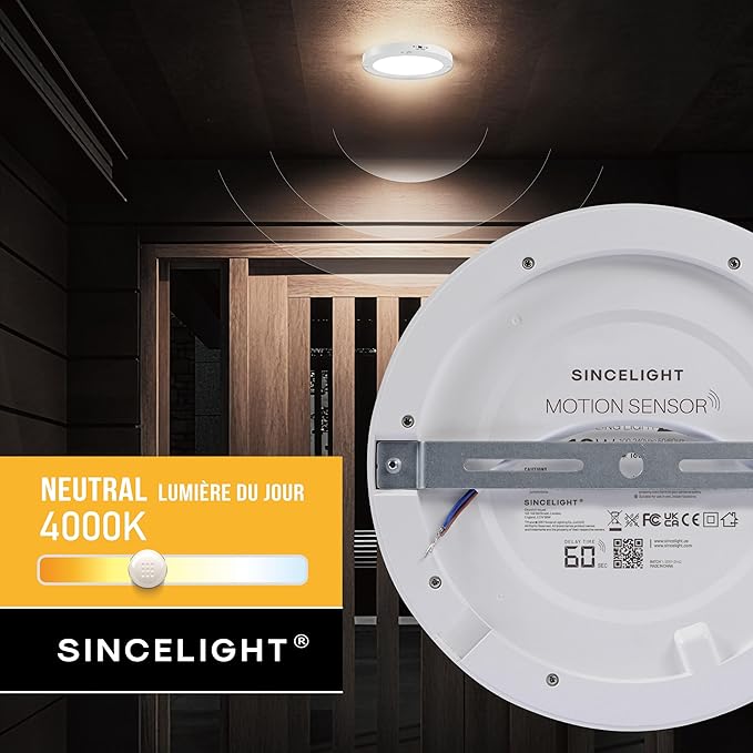 SINCELIGHT PIR Motion Sensor 18W LED Ceiling Light (Φ9''/220mm), Automatically ON/Off, Movement Activated, Dual Mode Turnable, Neutral White 4000K, Surface/Flush Mount for Hallway,Porch, Pack of 1
