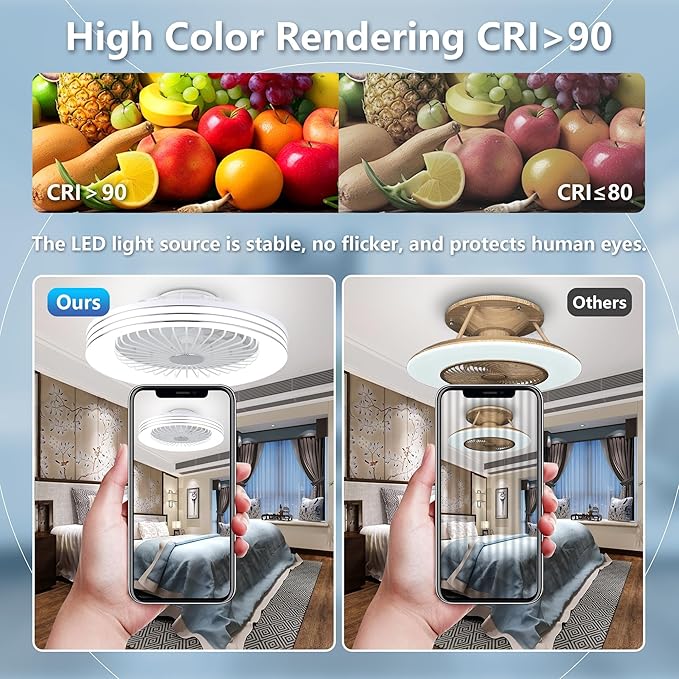 24" Low Profile Bladeless Ceiling Fan with Light, Enclosed Flush Mount Remote/APP Control, 3CCT Dimmable Light, Quiet 6 Speeds Timing Reversible