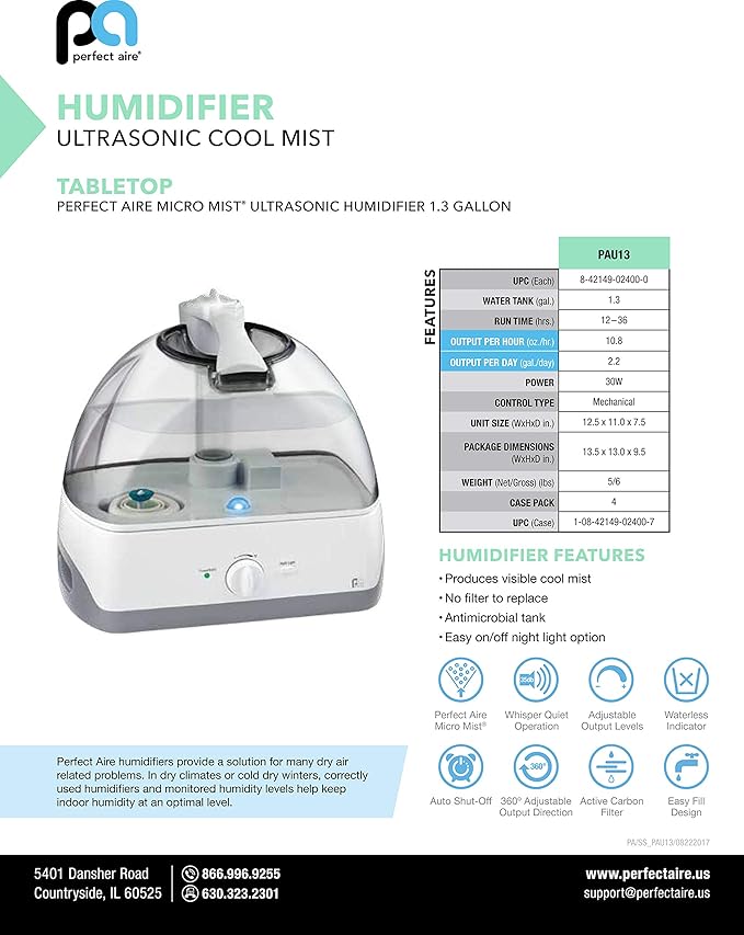 PerfectAire PAU13 - Cool Mist Ultrasonic Humidifier - 1.3 Gallon, Single Room, Touch Control