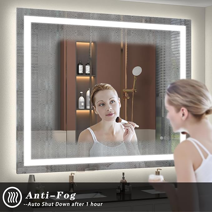 48x 30 LED Lighted Bathroom Mirror, Vanity Mirror with Lights for Wall, Dimmable, Defogger, Shatter-Proof, 3 Colors, ETL Listed (Front + Backlit)