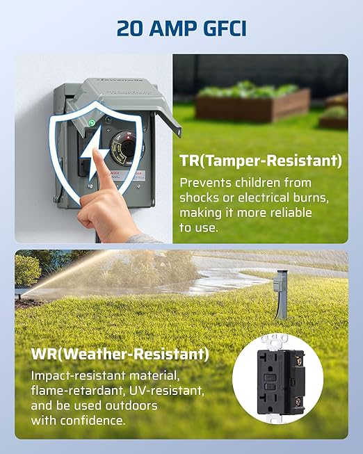 DEWENWILS Outdoor Outlet Box with 20 AMP WRTR GFCI Receptacles, Countdown Function & 4/8 Hrs Cycle, 125V/2500W, 1/2hp Rainproof 3R Enclosure, Outdoor Electrical Outlet Box for Decor, Yard