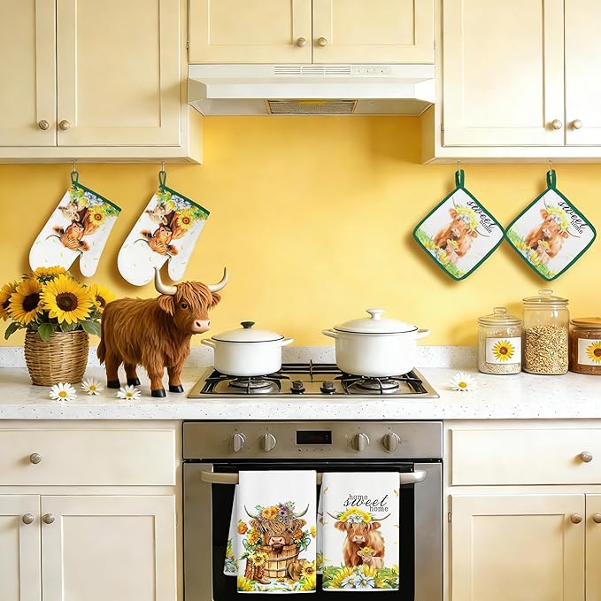 8 PCS Highland Cow Kitchen Decor and Accessories - 4 Dish Towels Set 2 Oven Mitts and Pot Holders Sets for Cooking Baking Home Sweet Home Sunflower Cattle Watercolor Farmhome Housewarming Gift