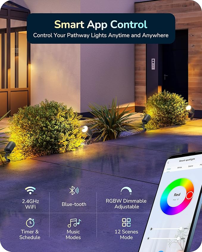 EDISHINE 50FT Christmas Smart Low Voltage Landscape Spotlights, 300LM RGBW Color Changing Landscpae Lighting, APP Control Alexa & Google Home, IP67 Waterproof Outdoor Spot Lights for Yard Garden