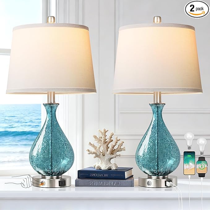 QiMH Glass Table Lamp for Living Room Bedroom Set of 2, 22.5" LED Light with Touch Control, Blue 3 Way Dimmable Modern Bedside Lamps for Home Decor with White Fabric Shade