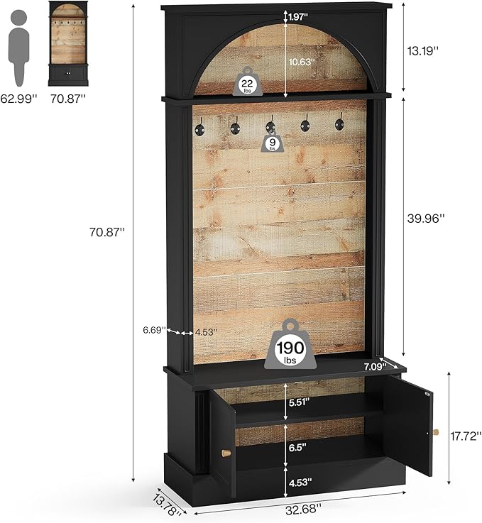 Tribesigns 70.86" Hall Tree with Storage Bench, 4-in-1 Design Entryway Bench with Coat Rack, Farmhouse Hall Tree with 5 Hooks and Adjustable Shoe Storage for Entryway, Hallway(Black＋Brown)