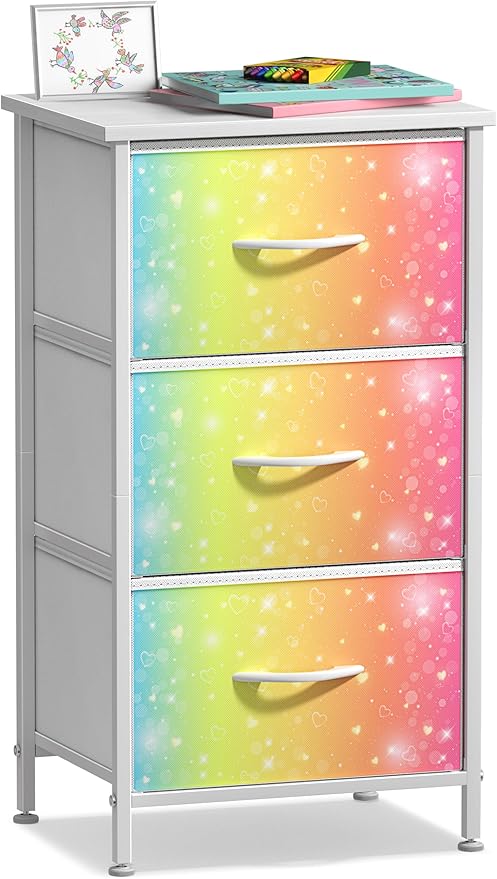 Sorbus Nightstand with 3 Drawers - Bedside Furniture & Accent End Table Chest for Home, Bedroom Accessories, Office, College Dorm, Steel Frame, Wood Top, Pastel Fabric Bins