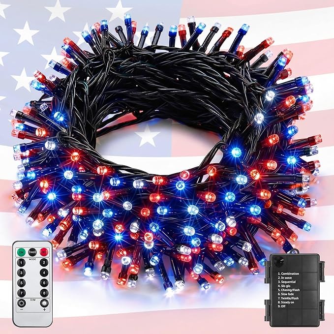 ITICdecor 4th of July Decorations 100 LED Red White and Blue Fairy String Lights, 33Ft String Lights Battery Operated Waterproof, 8 Modes Connectable Patriotic Lights for Home Yard Patio Party Decor