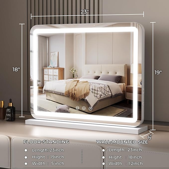 ZL ZELing Vanity Mirror with Lights, 23 Inch Large Makeup Mirror with LED Lights, Smart Touch Dimmable 3-Color Light, Memory Function, USB Charging Port, and Magnifying Glass