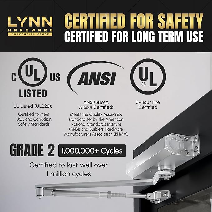 LYNN HARDWARE Medium Duty Automatic Door Closer (Dark Bronze) - Highly Durable Cast Aluminum, Commercial or Home Use, Adjustable Speed Controls, 3 Mounting Options, 3 Hour Fire Rated (DC6003 Model)