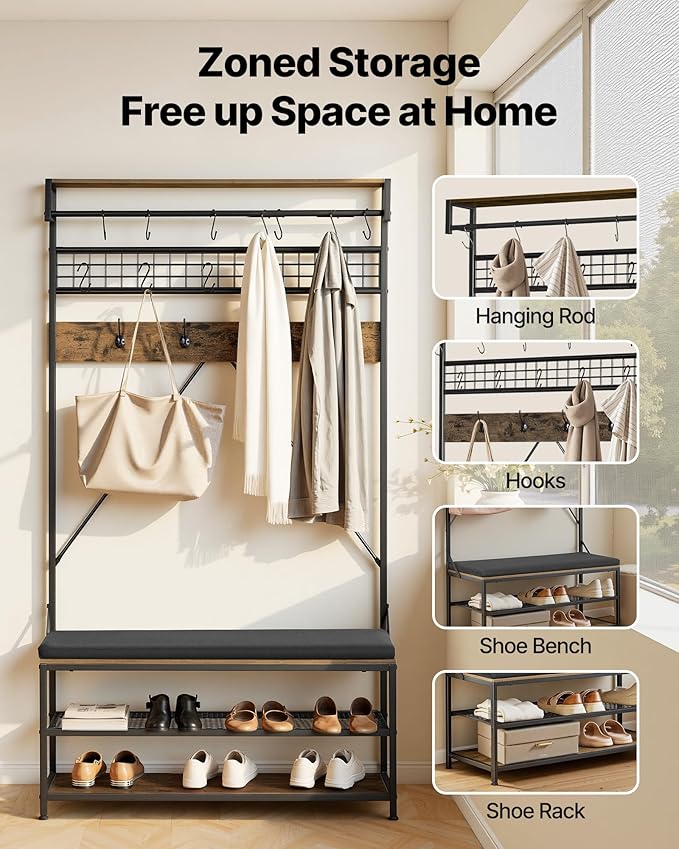 VEVOR Hall Tree with Bench and Shoe Storage, 2 Tier Entryway Bench with Coat Rack, Shoe Rack Storage Organizer with Soft Cushion, Hooks and Hanging Rod for Entryway, Hallway