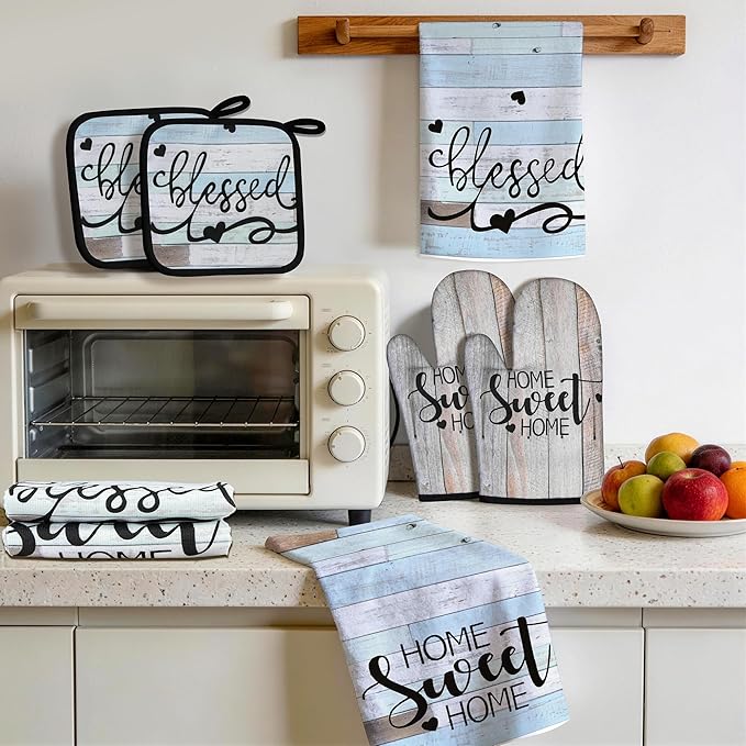 8 Pcs Kitchen Decor Accessories Set Farmhouse Towels Pot Holders Oven Mitts Set 4 Dish Towels 2 Potholders 2 Cooking Mittens Oven Glove for Christmas Baking Cooking Supply(Brown Green,Kitchen)
