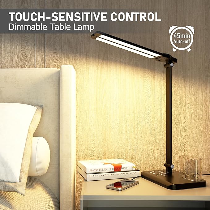 Dimmable LED Desk Lamp with USB Charging Port Bright, 50 Lighting Modes Dual Swing Arm Architect Table Lamp Light Desk Lamp for Home Office Dorm Piano Nail