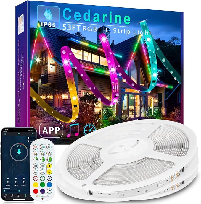 52FT Continuous RGB+IC Outdoor Led Strip Lights Waterproof with RF Remote & Bluetooth Music Sync App Control, Long Color Changing LED Rope Lights,IP67,24V