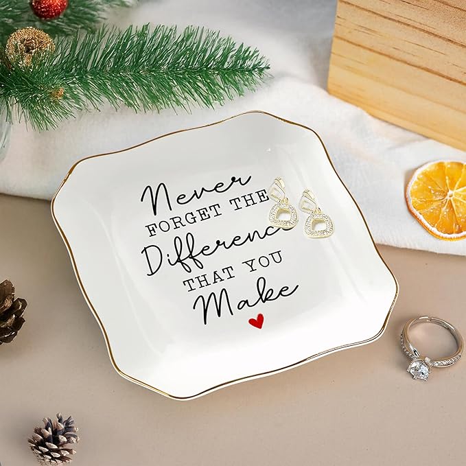 OASSIE Thank You Gifts for Women - 4"x4" Ceramic Jewelry Dish Tray - Appreciation Teachers Day Birthday Gifts for Women Employee Coworkers Teacher Boss Lady Manager Nurses, Retirement Gift for Woman