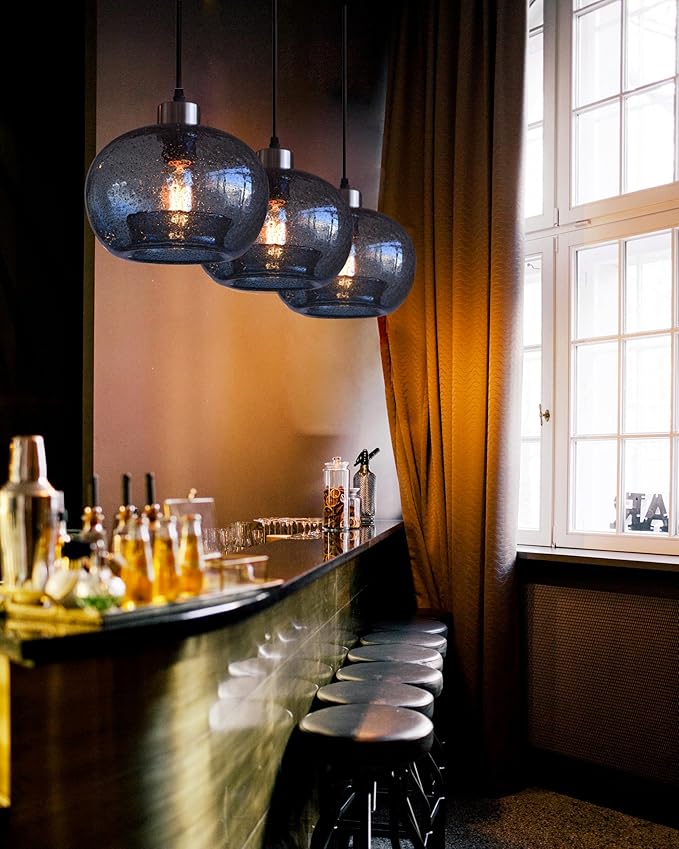CASAMOTION Glass Pendant Lights Kitchen Island Modern Farmhouse Blue Ceiling Hanging Light Fixtures Globe Over Table Sink Foyer Entryway Brushed Nickel 8.7 Inch Diam