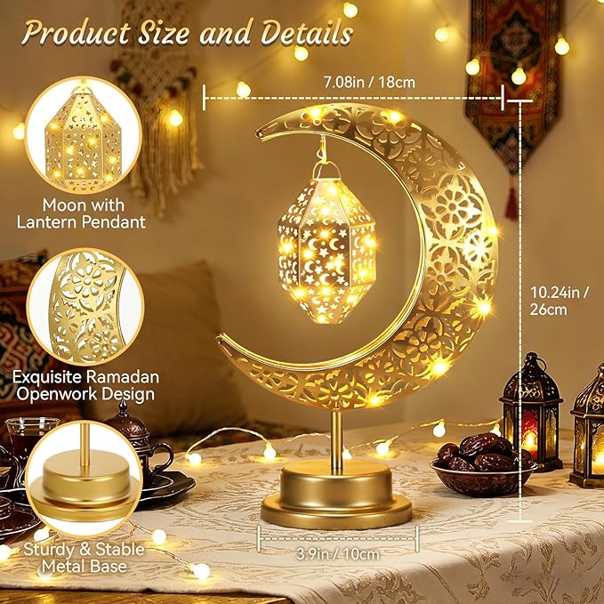 Lewondr Ramadan Moon Lamp, Crescent Moon with Ramadan Lantern, Battery Powered Gold Desk Lamp Decorations Crescent Table Light Bedside Night Stand Desktop Living Room Home Decor, Eid Mubarak Decor