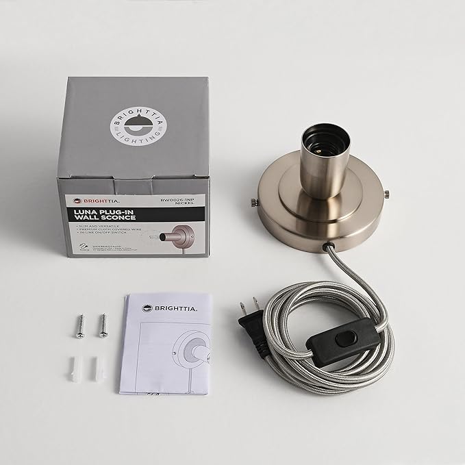 BRIGHTTIA Luna 1-Light Plug-in Wall Sconce - Mid Century Modern Minimalist Bedroom Home Office Lighting - Portable Wall Lamp for Apartments & Small Spaces with No J-Box - Brushed Nickel (BW0026-1NP)