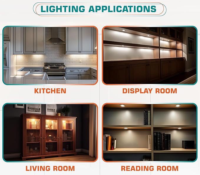 Slim Under Cabinet LED Puck Lights, 110V Wired Ambiance Lighting, Plug-in & Direct Hardwired, Daisy Chained linkable, Wireless RF Remote Dimmable, White Cables, Warm White, 12 Lights