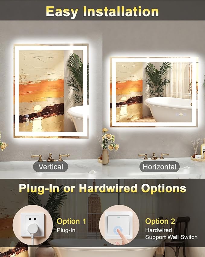 36x36 LED Bathroom Mirror with Lights, Super Bright Front & Backlit Vanity Mirror for Wall, Anti-Fog & Memory Smart Mirror, 5mm Shatter-Proof Tempered Glass, ETL Listed, Vertical/Horizontal