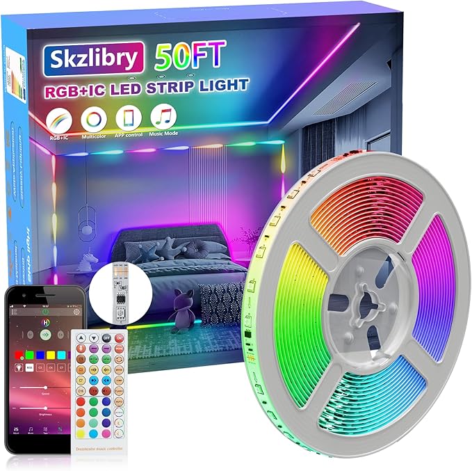 RGB+IC 50FT LED Strip Lights, Continuous Connection Smart LED Lights for Bedroom, Bluetooth LED Lights APP Control, Color Changing LED Light Music Sync for Gaming Room, party, bar, kitchen, Indoor