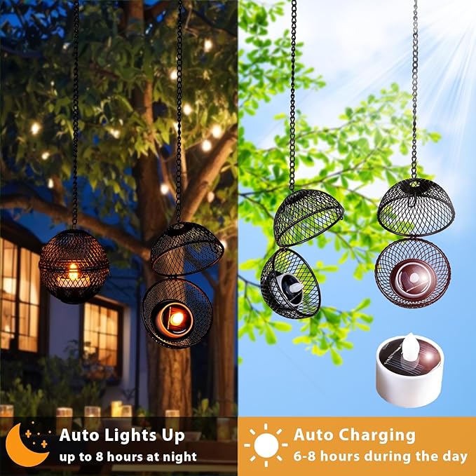 Solar Hanging Lanterns Lights Outdoor, 4 Pack Hanging Candle Holder with Solar Tea Lights Candles Outdoor Waterproof, Chandelier Ideas for Tree Pergola Patio Decor, ALL FORTUNE