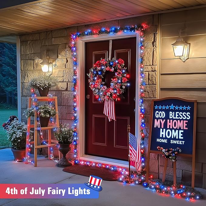 JMEXSUSS 200 LED 4th of July Fairy Lights, Red White and Blue Lights Indoor with Wheel, 8 Modes Remote Control Twinkle Patriotic Lights in for Independence Day American Flag Holiday