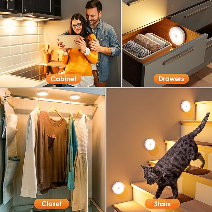 Motion Sensor Puck Light with Remote, Wireless Dimmable Under Cabinet Lighting, Rechargeable Magnetic Closet Night Light, 8-Pack, Warm White