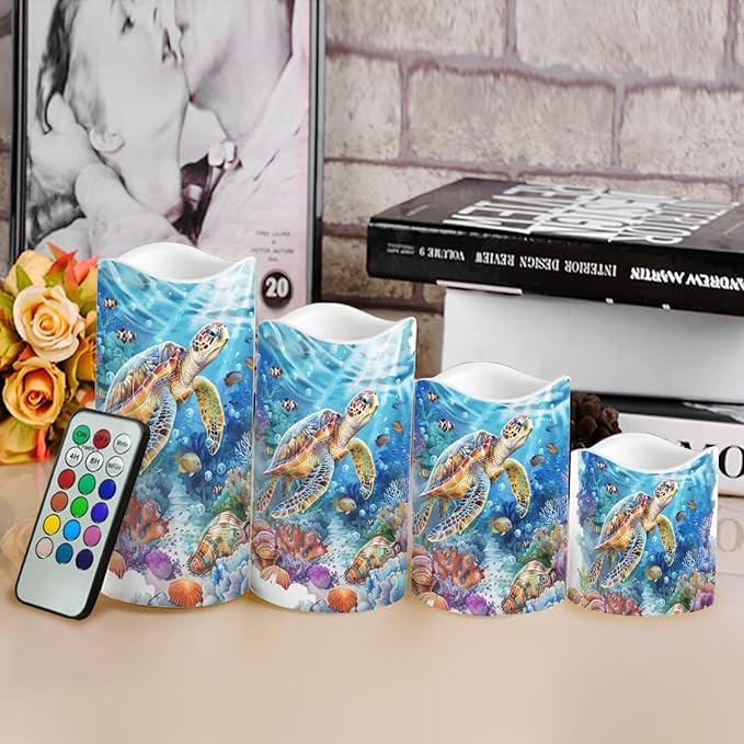Sea Turtle Pillar Candles Bulk Led Flameless Battery Operated Candles with Timer Remote Color Changing Electric Fake Candles for House Warming Home Decorations Set of 4