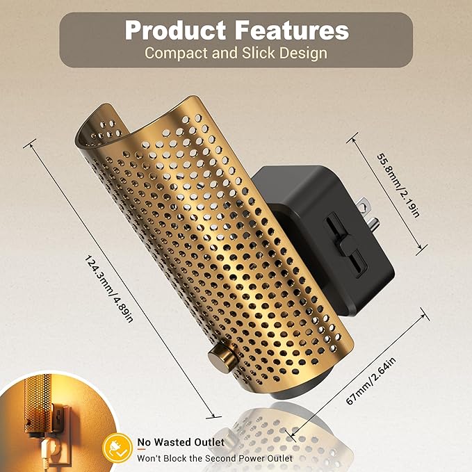 JandCase Night Lights Plug into Wall, Pretty Nightlight with Metal Shade, 3000K Warm White 0-100LM Adjustable Brightness, Flames Flickering Night Light for Bathroom Hallway Bedroom