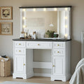 Vanity Desk with 38" Large Mirror and 11 LED Lights, Adults Makeup Vanity with 5 Drawers and 2 Cabinets & Power Outlet and 3 Lighting Modes, Farmhouse Wooden Dressing Table for Bedroom, Antique White