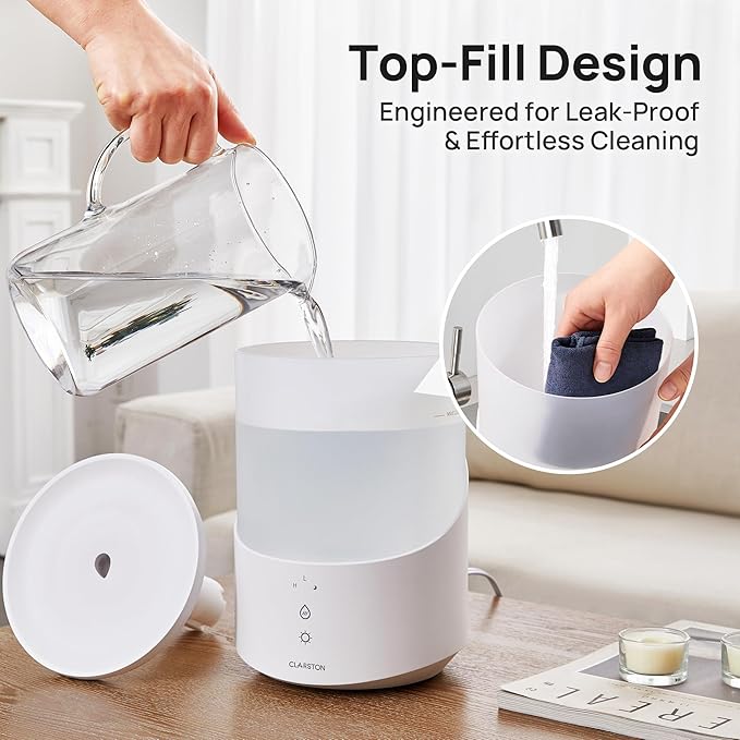 Clarston Humidifiers for Bedroom, 2.5L Cool Mist Humidifier with Essential Oils Diffuser and Nightlight, Top Fill Humidifiers for Home Large Room, Timer, Auto Shut-off, 25H Runtime