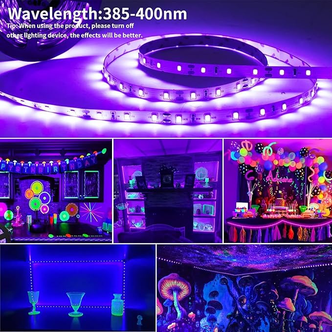 40FT Black Light Strip, Blacklight Flexible & Adhesive 720 LEDs, Black Light for Halloween, Neon Party, Birthday, Display Uranium Vaseline Glass, Posters, Curing Resin, Non-Waterproof Decor